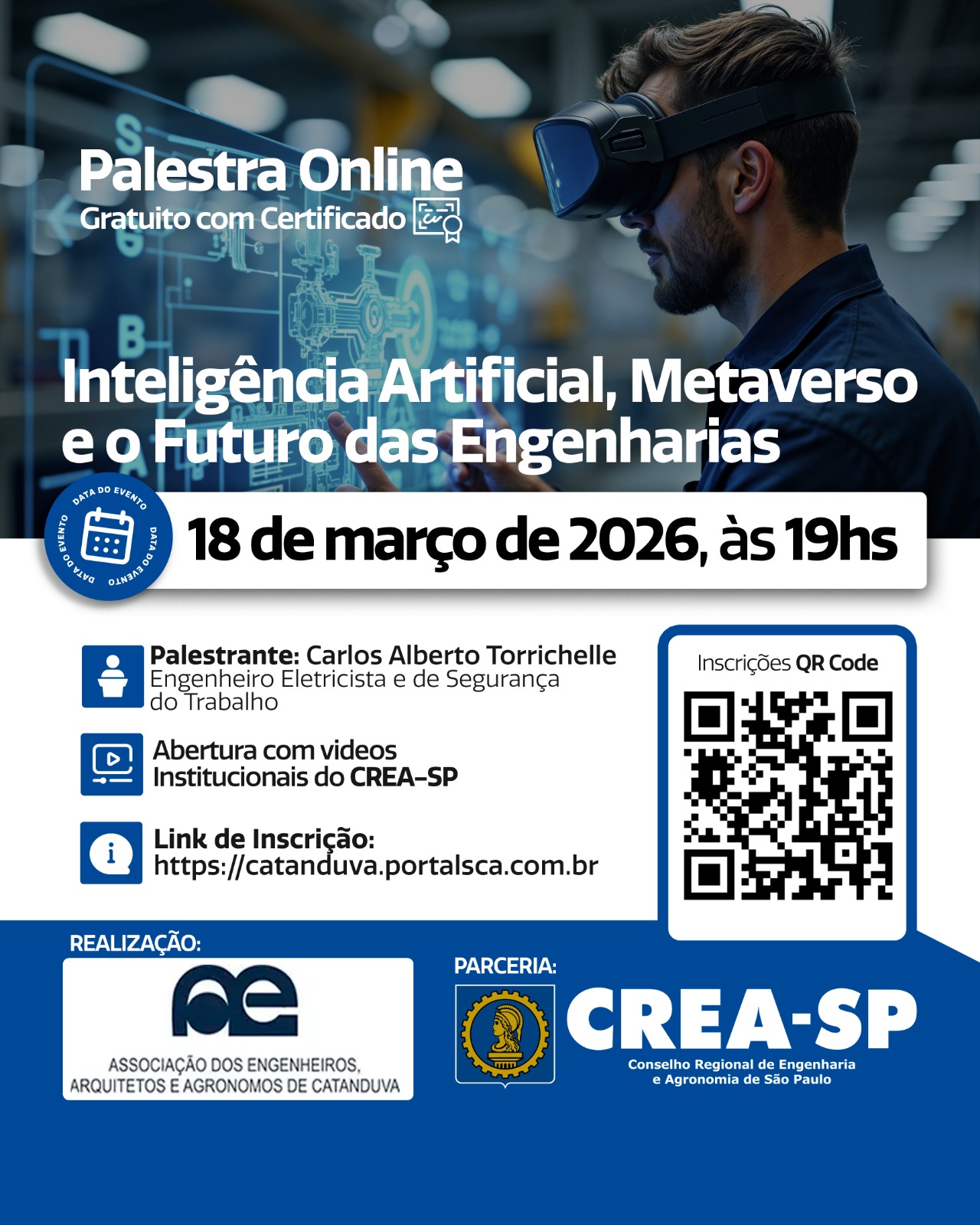 Banner da palestra de 18 de março de 2026 sobre Inteligência Artificial, Metaverso e o Futuro das Engenharias